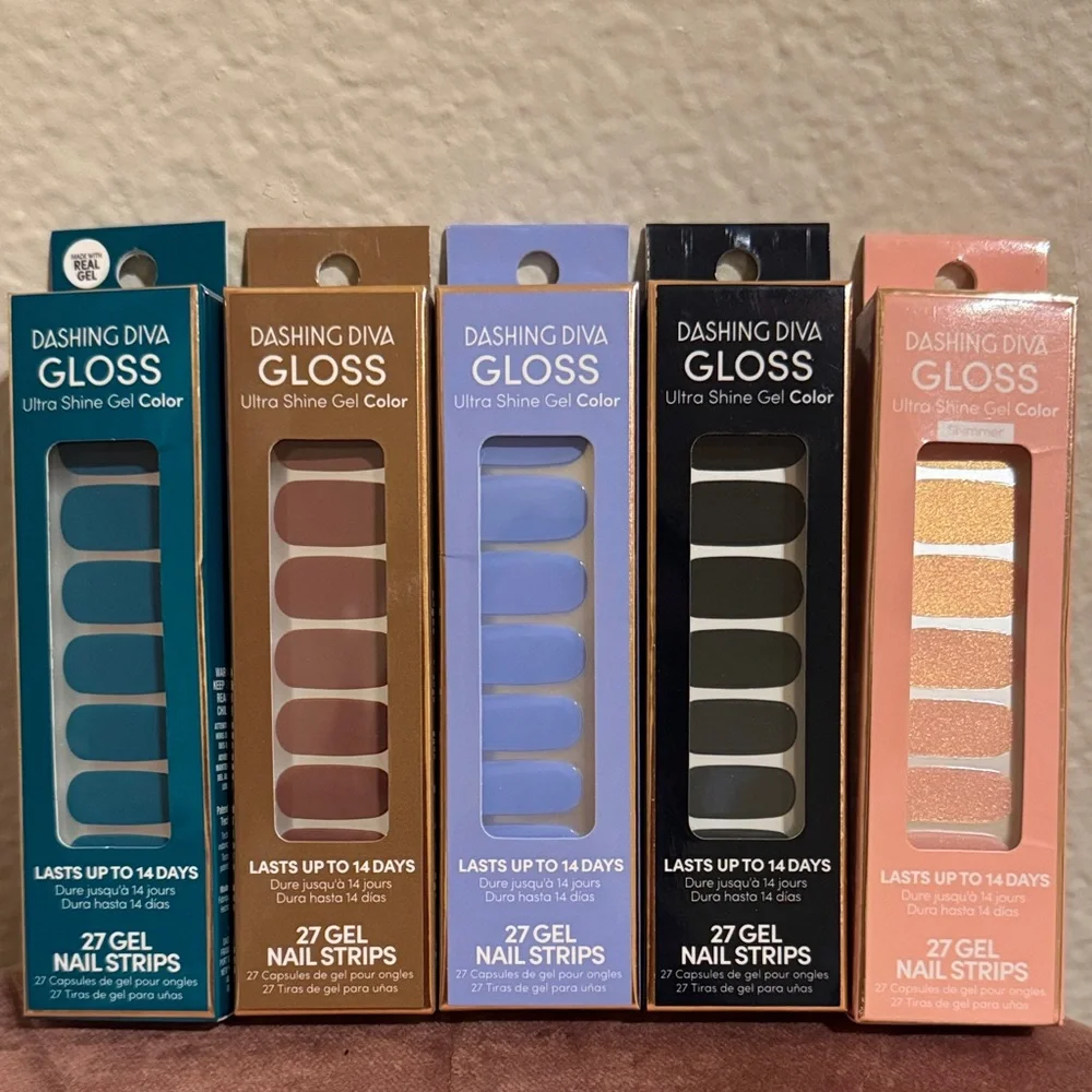 Dashing Diva Gloss Gel Nail Strips Set - Teal, Pink, Brown, Blue, Peach - Picture 1 of 3